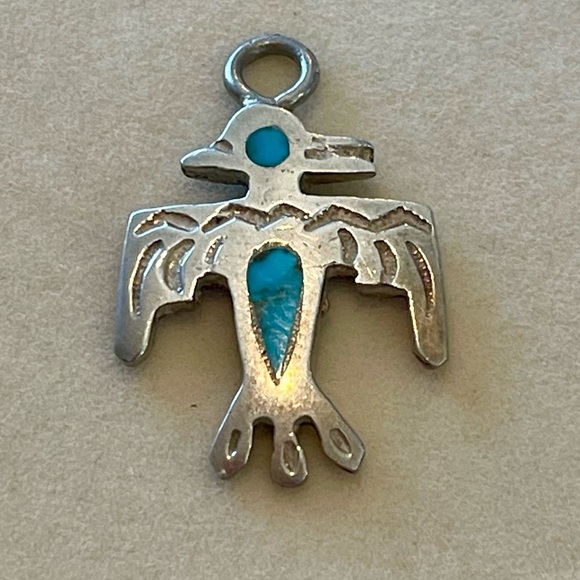 Vintage Zuni Native American Handmade Silver Turquoise Thunderbird Pendant Charm - Picture 7 of 7